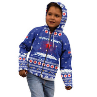 North Korea Christmas Kid Hoodie with Blue Pattern, Red Star, and Snowy Mountain Motif - Wonder Print Shop