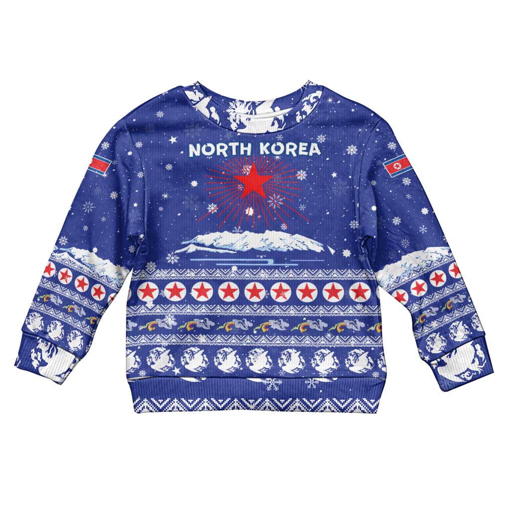 North Korea Christmas Kid Ugly Christmas Sweater with Blue Pattern, Red Star, and Snowy Mountain Motif - Wonder Print Shop