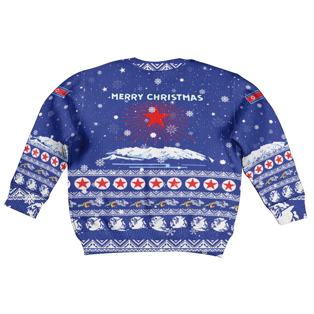 North Korea Christmas Kid Ugly Christmas Sweater with Blue Pattern, Red Star, and Snowy Mountain Motif - Wonder Print Shop