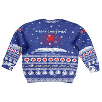 North Korea Christmas Kid Ugly Christmas Sweater with Blue Pattern, Red Star, and Snowy Mountain Motif - Wonder Print Shop