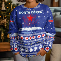 North Korea Christmas Kid Ugly Christmas Sweater with Blue Pattern, Red Star, and Snowy Mountain Motif - Wonder Print Shop