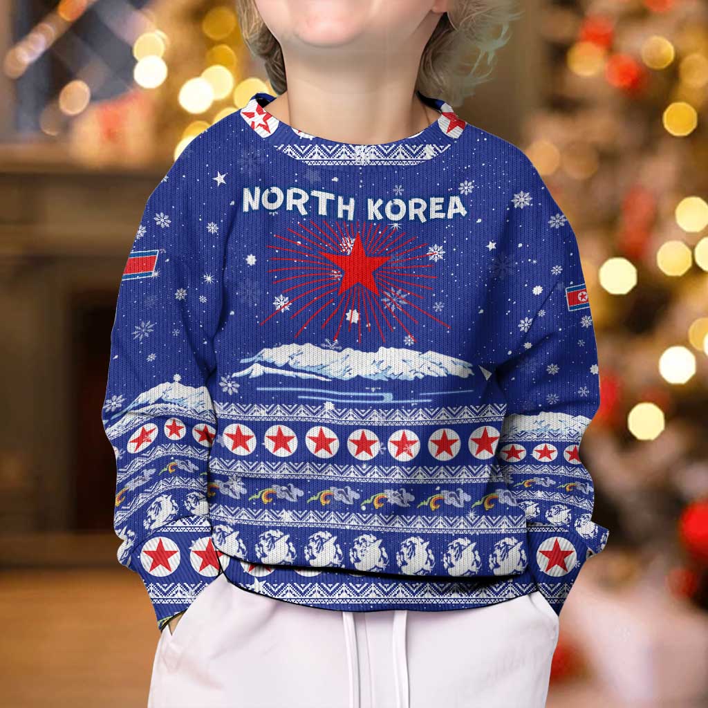 North Korea Christmas Kid Ugly Christmas Sweater with Blue Pattern, Red Star, and Snowy Mountain Motif - Wonder Print Shop
