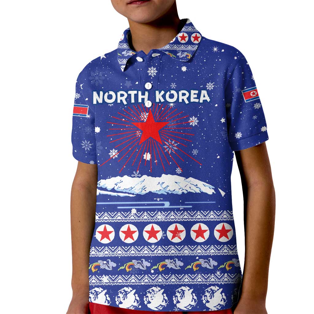 North Korea Christmas Kid Polo Shirt with Blue Pattern, Red Star, and Snowy Mountain Motif - Wonder Print Shop