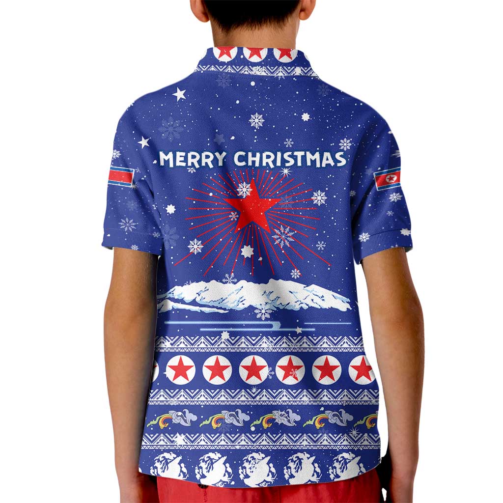 North Korea Christmas Kid Polo Shirt with Blue Pattern, Red Star, and Snowy Mountain Motif - Wonder Print Shop