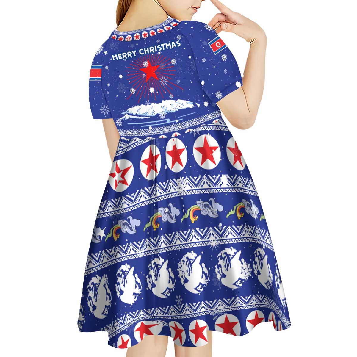 North Korea Christmas Kid Short Sleeve Dress with Blue Pattern, Red Star, and Snowy Mountain Motif - Wonder Print Shop