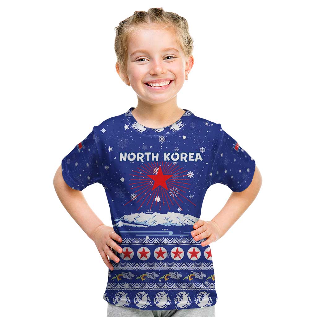 North Korea Christmas Kid T Shirt with Blue Pattern, Red Star, and Snowy Mountain Motif - Wonder Print Shop