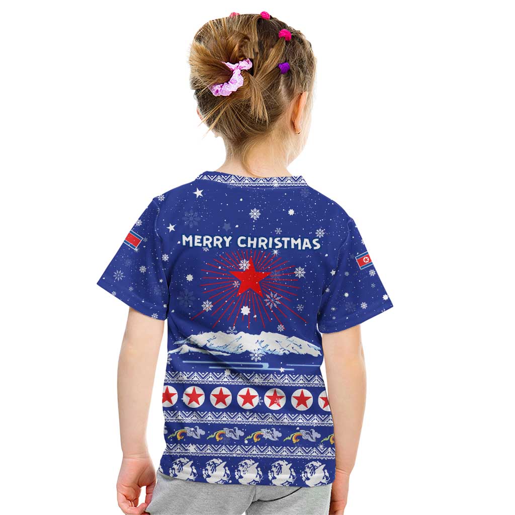 North Korea Christmas Kid T Shirt with Blue Pattern, Red Star, and Snowy Mountain Motif - Wonder Print Shop