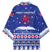 North Korea Christmas Kimono with Blue Pattern, Red Star, and Snowy Mountain Motif - Wonder Print Shop