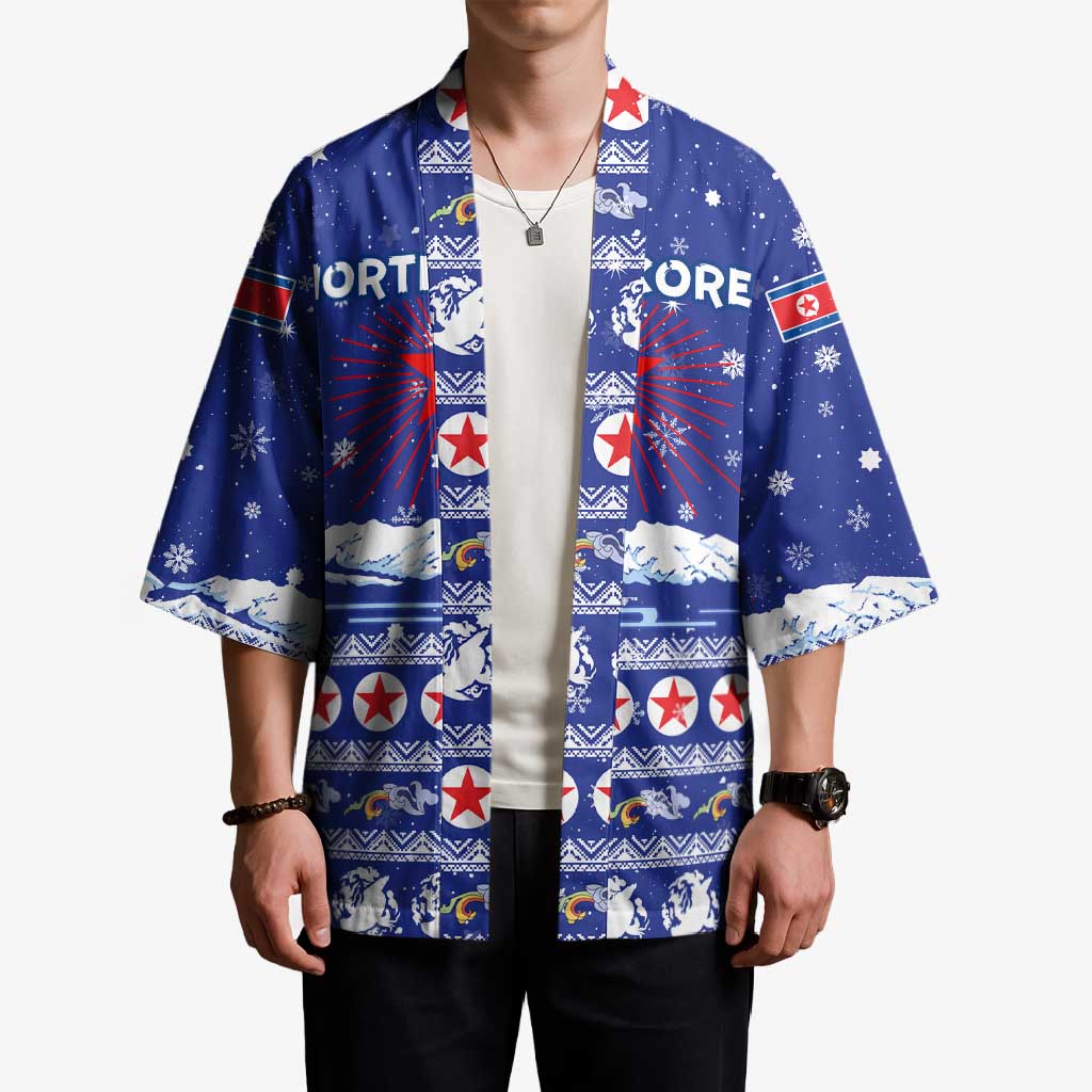 North Korea Christmas Kimono with Blue Pattern, Red Star, and Snowy Mountain Motif - Wonder Print Shop