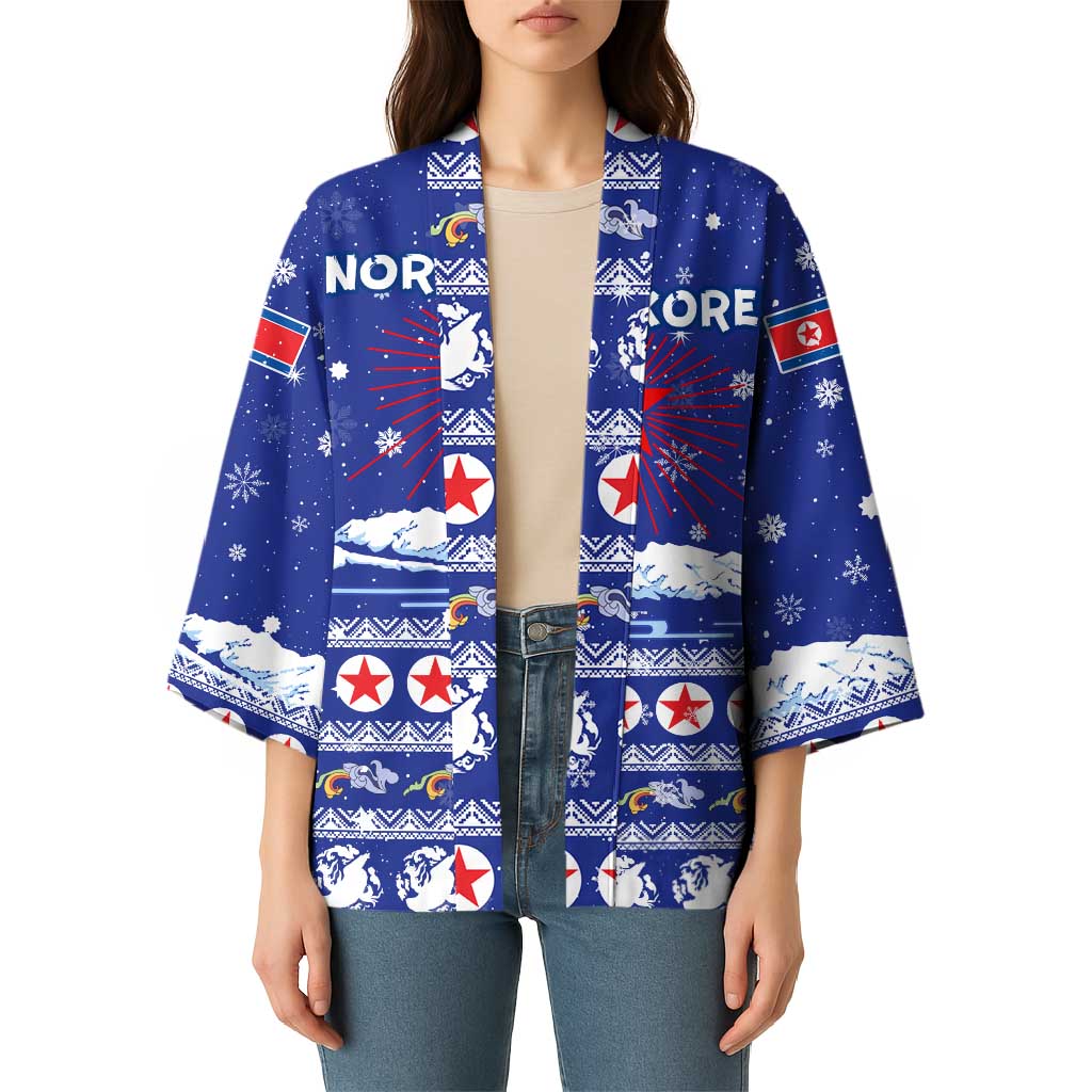 North Korea Christmas Kimono with Blue Pattern, Red Star, and Snowy Mountain Motif - Wonder Print Shop