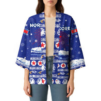 North Korea Christmas Kimono with Blue Pattern, Red Star, and Snowy Mountain Motif - Wonder Print Shop