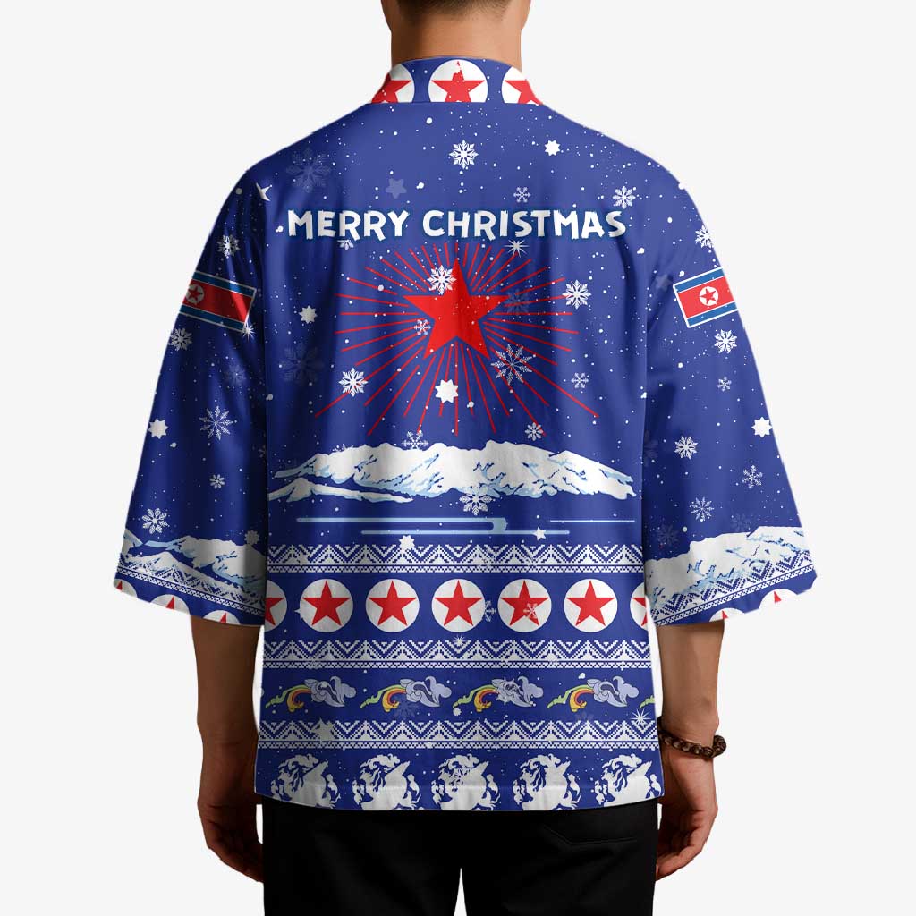 North Korea Christmas Kimono with Blue Pattern, Red Star, and Snowy Mountain Motif - Wonder Print Shop