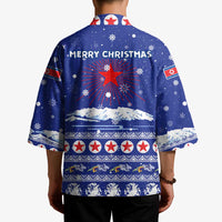 North Korea Christmas Kimono with Blue Pattern, Red Star, and Snowy Mountain Motif - Wonder Print Shop