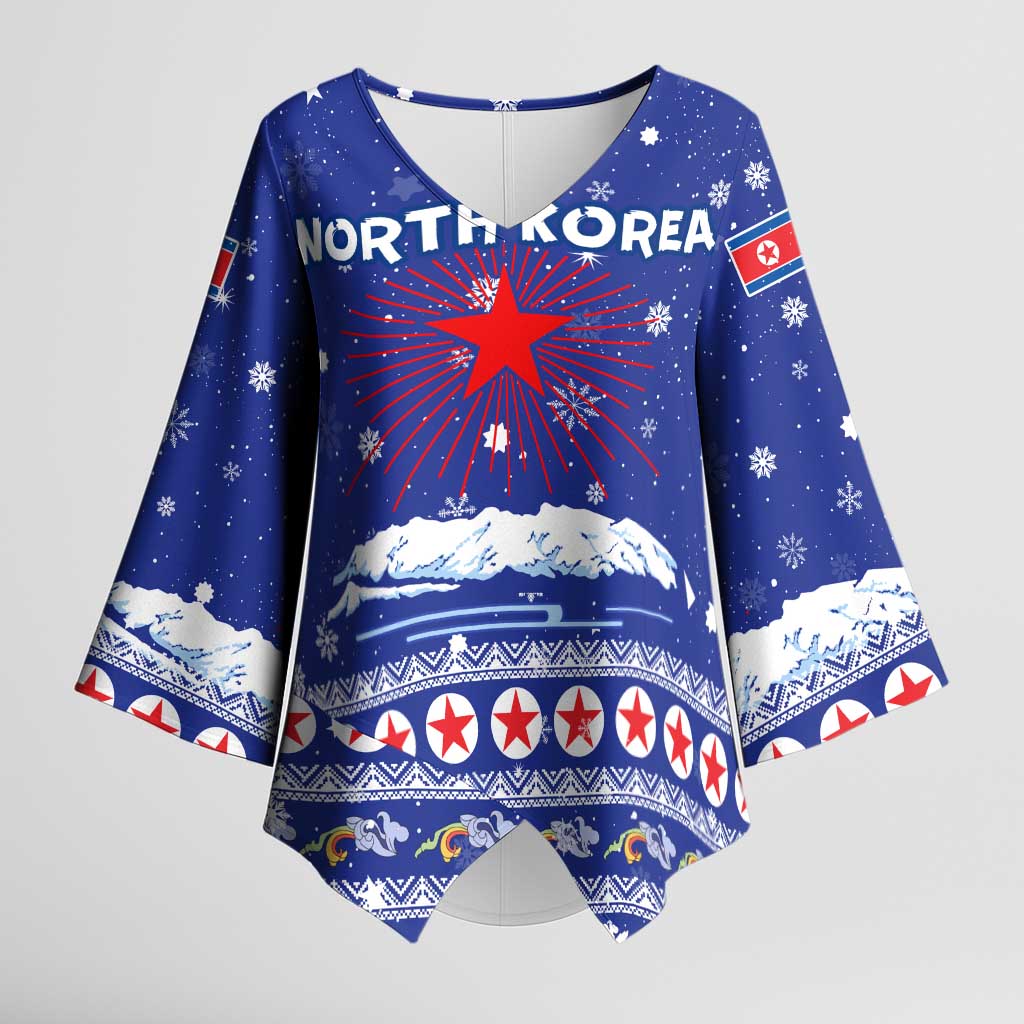 North Korea Christmas Kimono Sleeve Blouse with Blue Pattern, Red Star, and Snowy Mountain Motif - Wonder Print Shop