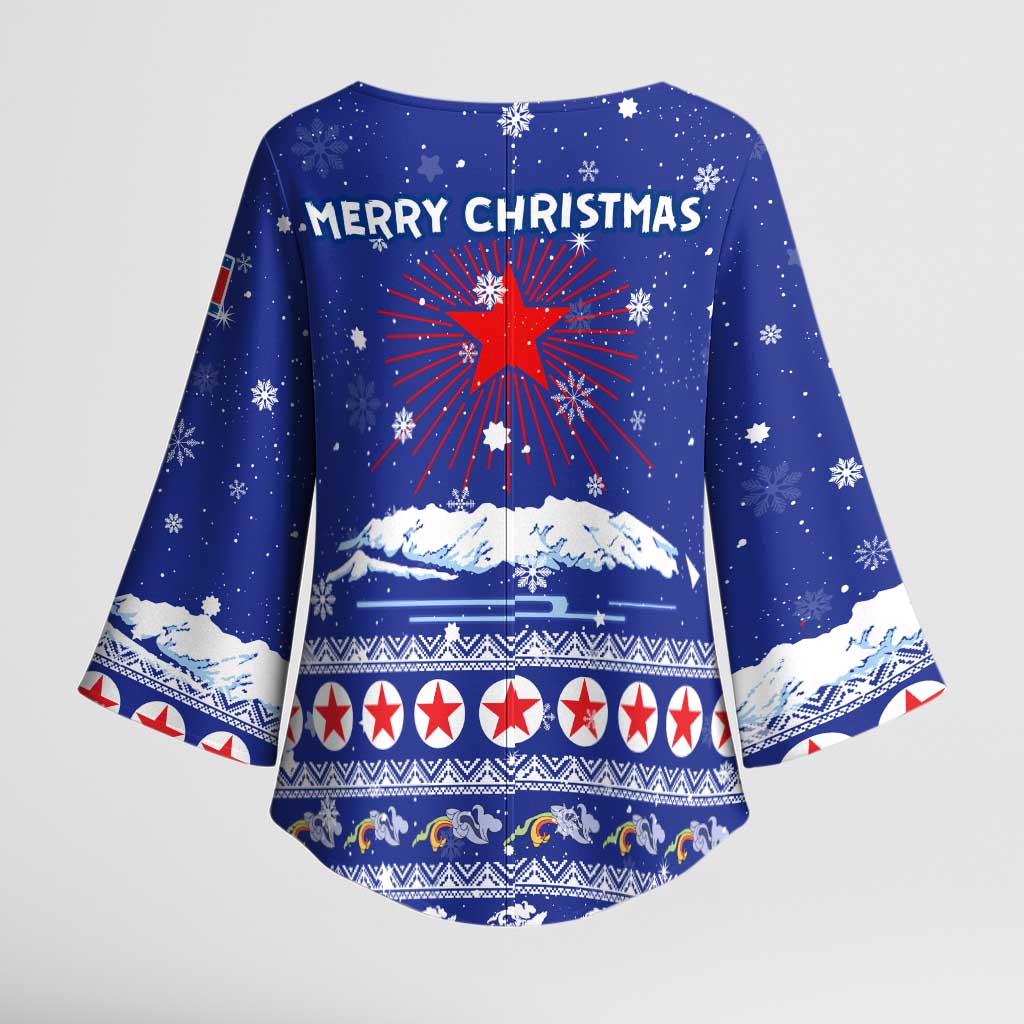 North Korea Christmas Kimono Sleeve Blouse with Blue Pattern, Red Star, and Snowy Mountain Motif - Wonder Print Shop