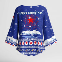 North Korea Christmas Kimono Sleeve Blouse with Blue Pattern, Red Star, and Snowy Mountain Motif - Wonder Print Shop