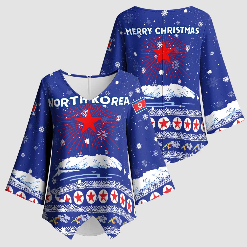 North Korea Christmas Kimono Sleeve Blouse with Blue Pattern, Red Star, and Snowy Mountain Motif - Wonder Print Shop