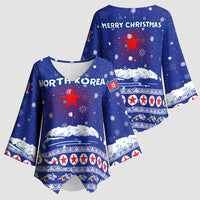 North Korea Christmas Kimono Sleeve Blouse with Blue Pattern, Red Star, and Snowy Mountain Motif - Wonder Print Shop