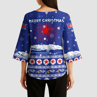 North Korea Christmas Kimono Sleeve Blouse with Blue Pattern, Red Star, and Snowy Mountain Motif - Wonder Print Shop