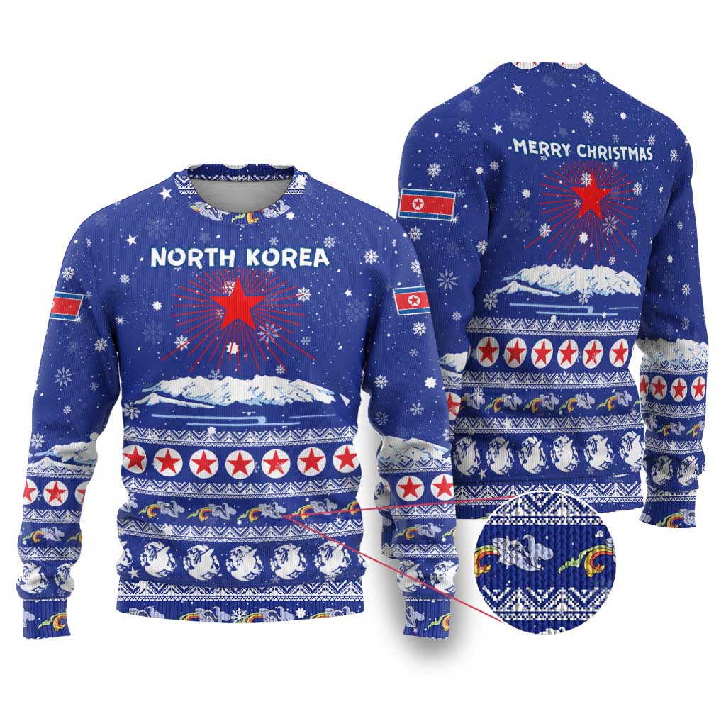 North Korea Christmas Ugly Christmas Sweater with Blue Pattern, Red Star, and Snowy Mountain Motif - Wonder Print Shop