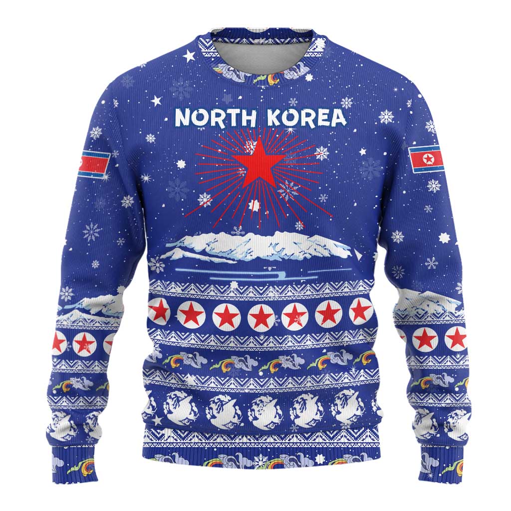 North Korea Christmas Ugly Christmas Sweater with Blue Pattern, Red Star, and Snowy Mountain Motif - Wonder Print Shop