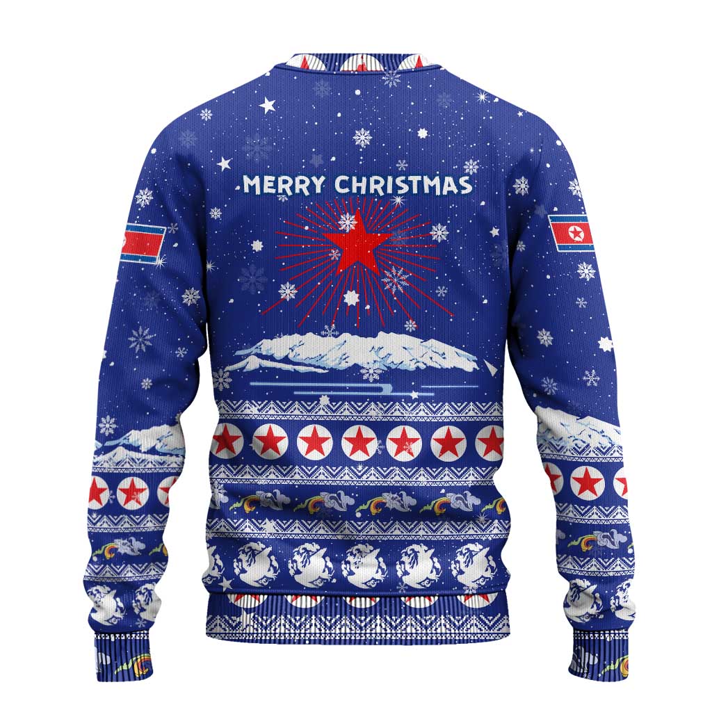 North Korea Christmas Ugly Christmas Sweater with Blue Pattern, Red Star, and Snowy Mountain Motif - Wonder Print Shop