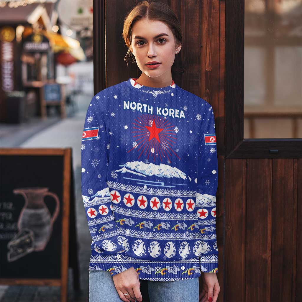 North Korea Christmas Ugly Christmas Sweater with Blue Pattern, Red Star, and Snowy Mountain Motif - Wonder Print Shop