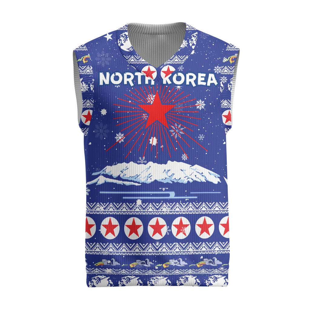 North Korea Christmas Knitted V-Neck Vest with Blue Pattern, Red Star, and Snowy Mountain Motif - Wonder Print Shop