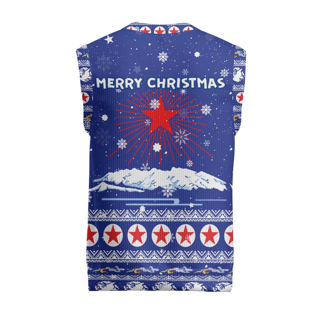 North Korea Christmas Knitted V-Neck Vest with Blue Pattern, Red Star, and Snowy Mountain Motif - Wonder Print Shop