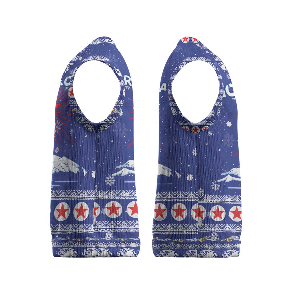 North Korea Christmas Knitted V-Neck Vest with Blue Pattern, Red Star, and Snowy Mountain Motif - Wonder Print Shop