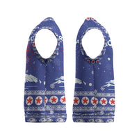 North Korea Christmas Knitted V-Neck Vest with Blue Pattern, Red Star, and Snowy Mountain Motif - Wonder Print Shop