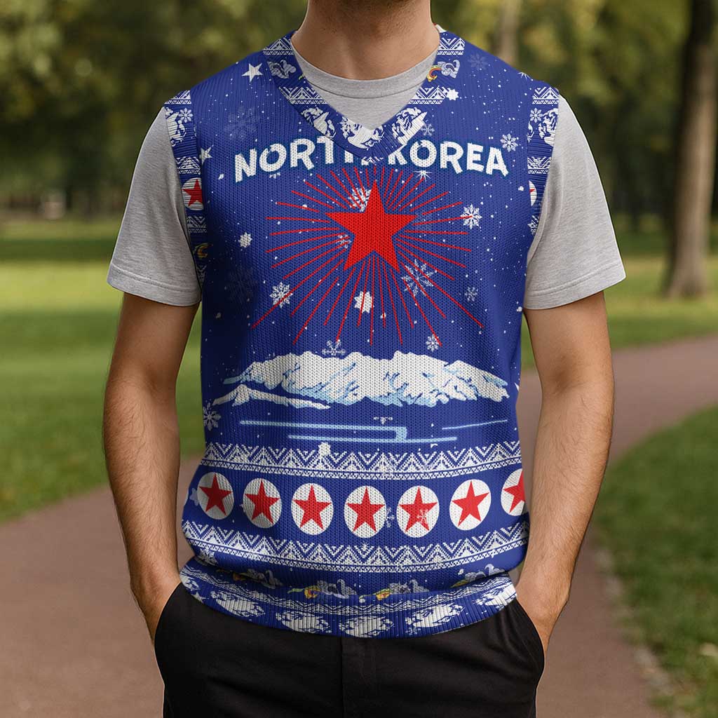 North Korea Christmas Knitted V-Neck Vest with Blue Pattern, Red Star, and Snowy Mountain Motif - Wonder Print Shop