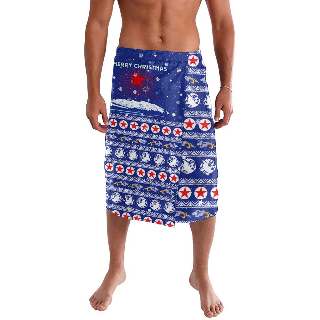 North Korea Christmas Lavalava with Blue Pattern, Red Star, and Snowy Mountain Motif - Wonder Print Shop