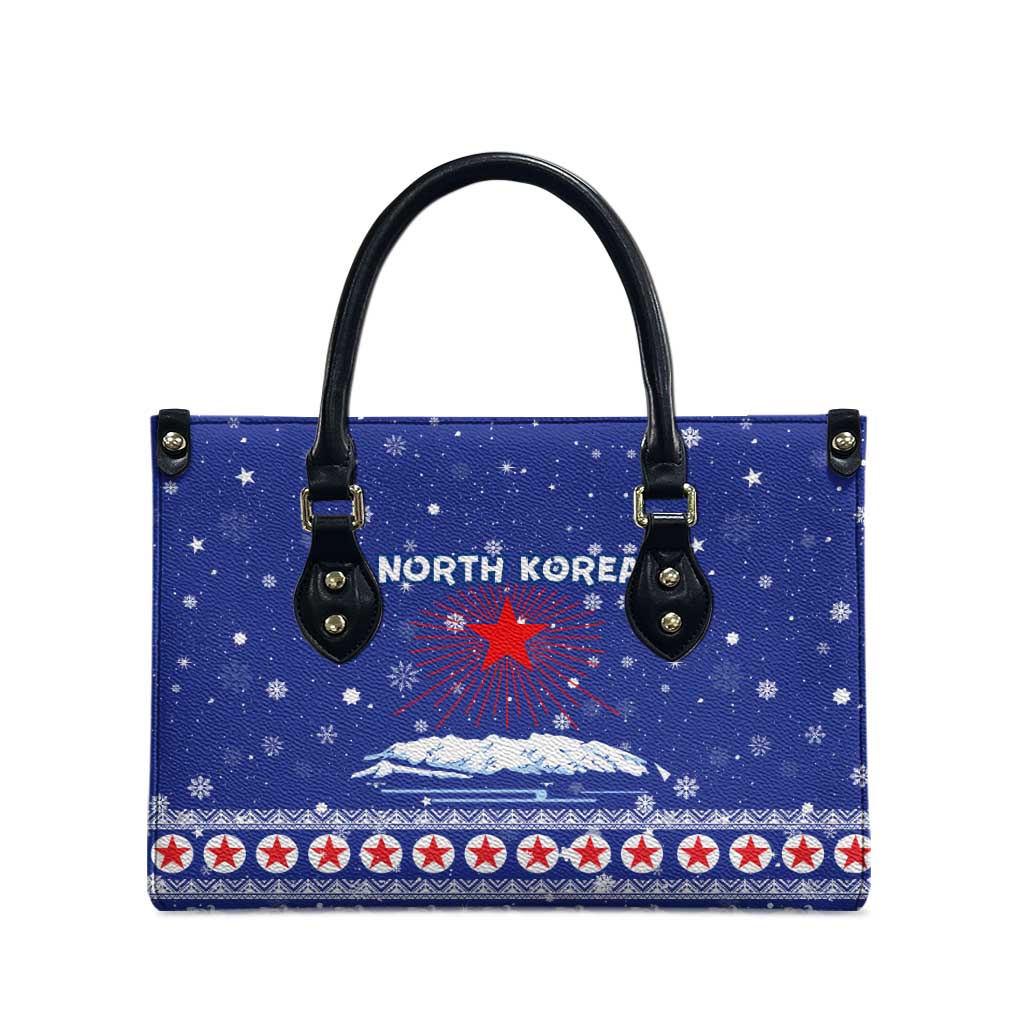North Korea Christmas Leather Bag with Blue Pattern, Red Star, and Snowy Mountain Motif - Wonder Print Shop