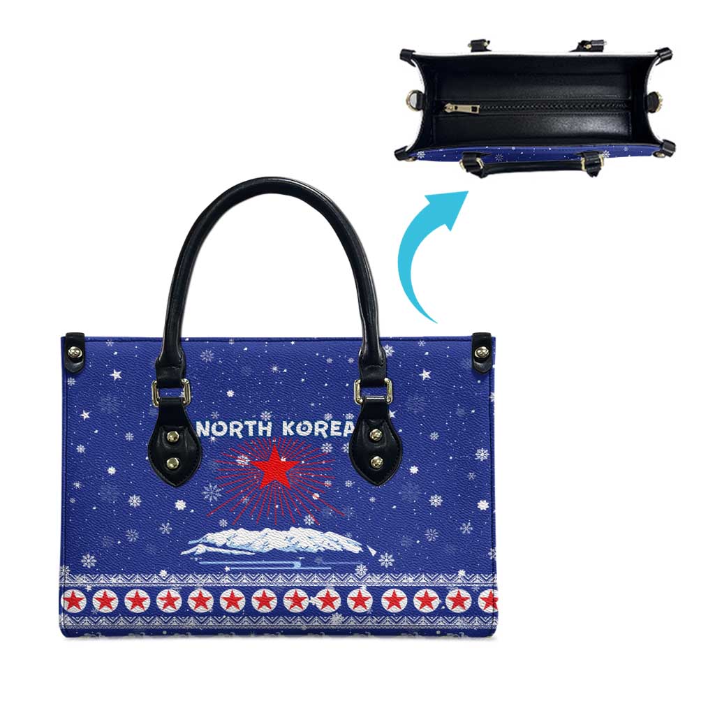 North Korea Christmas Leather Bag with Blue Pattern, Red Star, and Snowy Mountain Motif - Wonder Print Shop