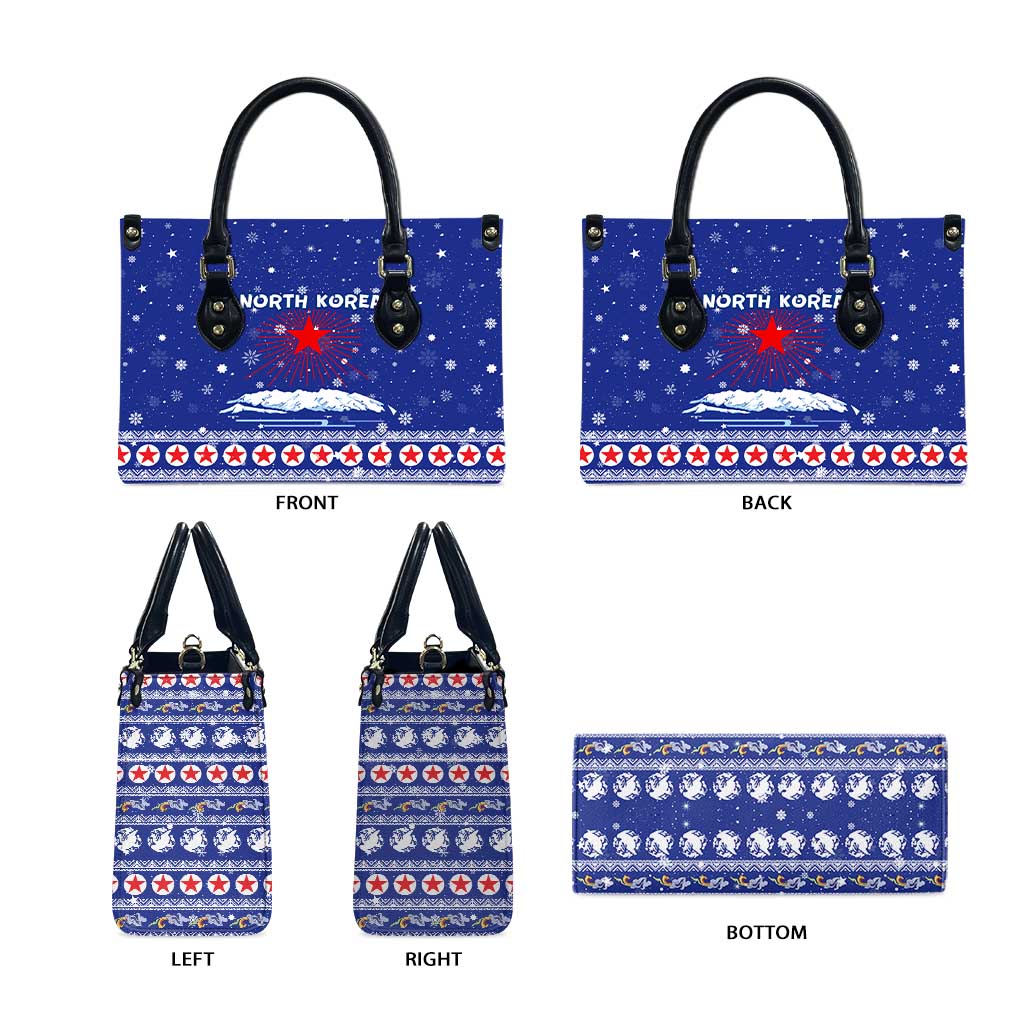 North Korea Christmas Leather Bag with Blue Pattern, Red Star, and Snowy Mountain Motif - Wonder Print Shop