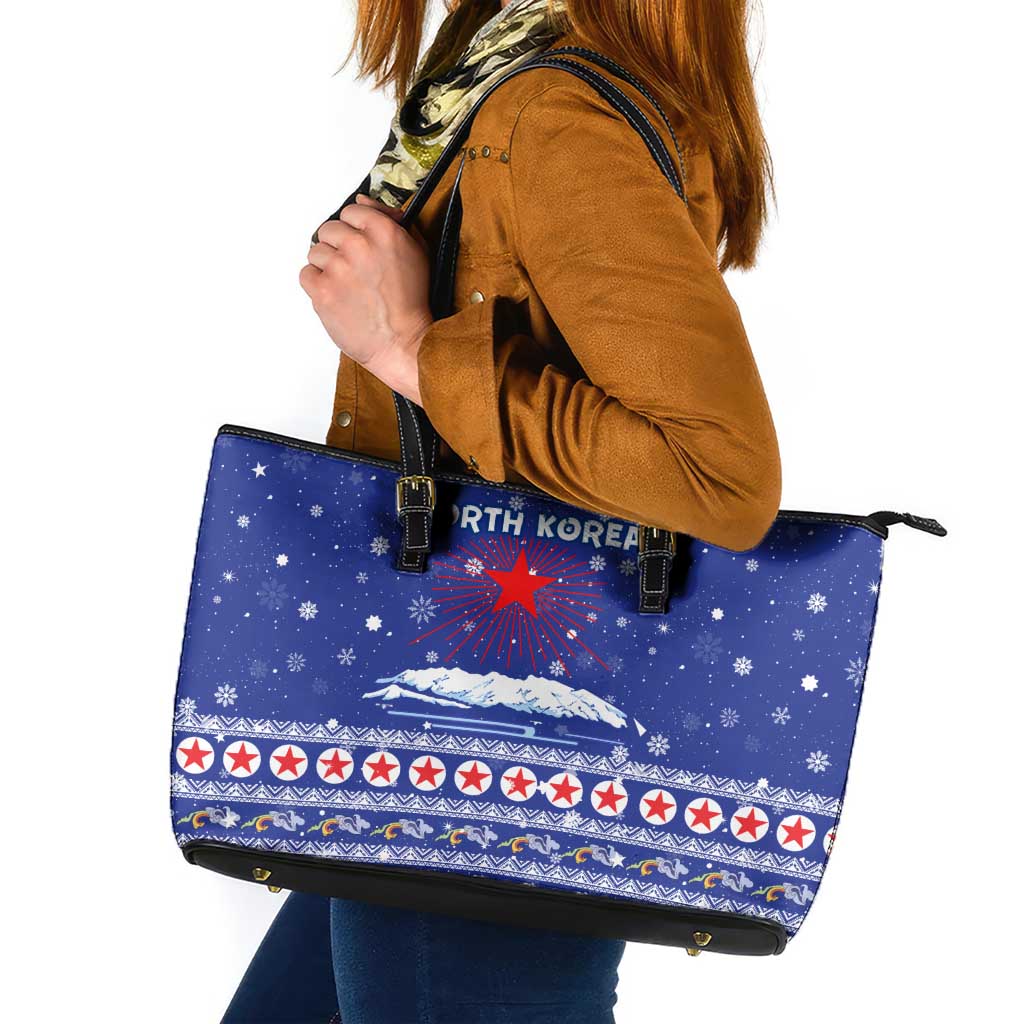 North Korea Christmas Leather Tote Bag with Blue Pattern, Red Star, and Snowy Mountain Motif - Wonder Print Shop