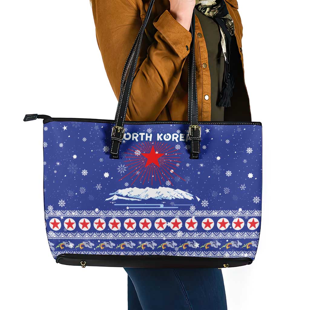 North Korea Christmas Leather Tote Bag with Blue Pattern, Red Star, and Snowy Mountain Motif - Wonder Print Shop