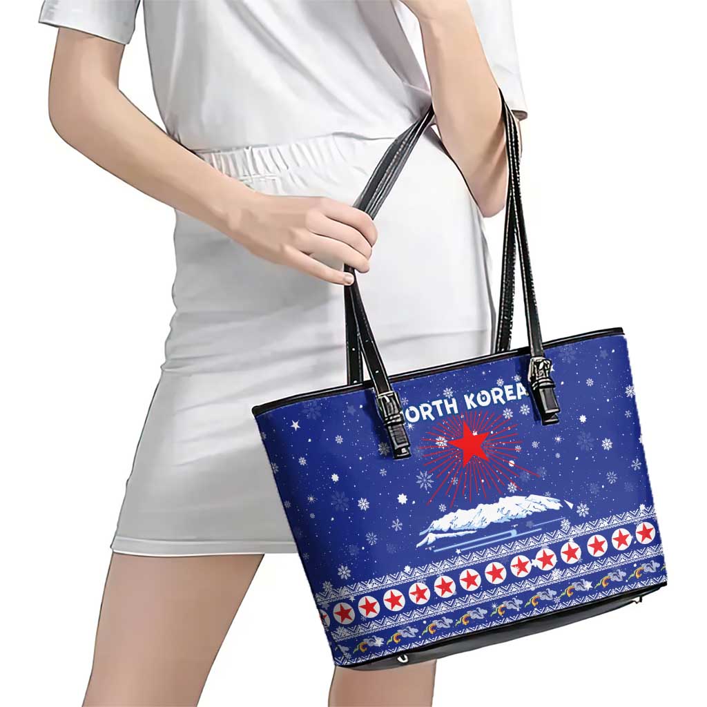 North Korea Christmas Leather Tote Bag with Blue Pattern, Red Star, and Snowy Mountain Motif - Wonder Print Shop