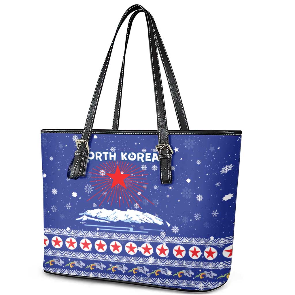 North Korea Christmas Leather Tote Bag with Blue Pattern, Red Star, and Snowy Mountain Motif - Wonder Print Shop