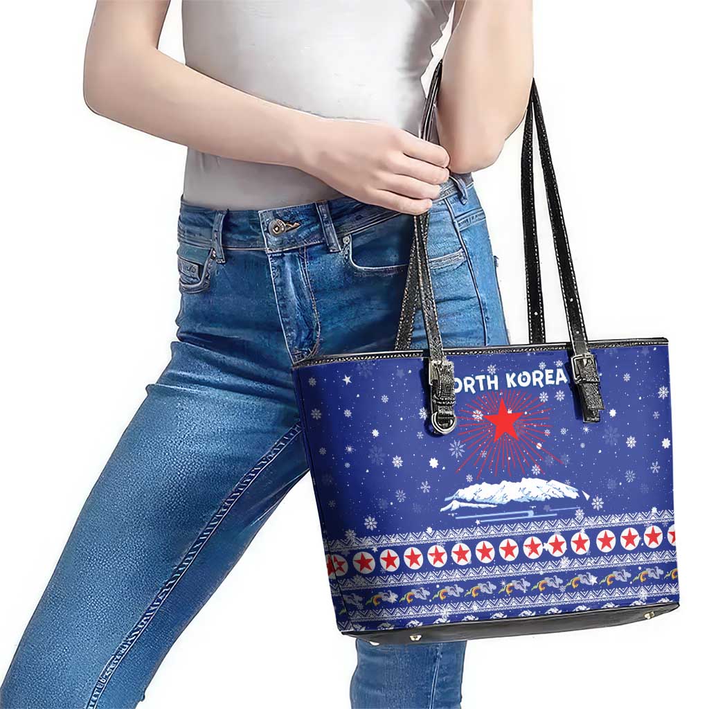 North Korea Christmas Leather Tote Bag with Blue Pattern, Red Star, and Snowy Mountain Motif - Wonder Print Shop