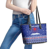 North Korea Christmas Leather Tote Bag with Blue Pattern, Red Star, and Snowy Mountain Motif - Wonder Print Shop