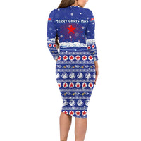 North Korea Christmas Long Sleeve Bodycon Dress with Blue Pattern, Red Star, and Snowy Mountain Motif - Wonder Print Shop