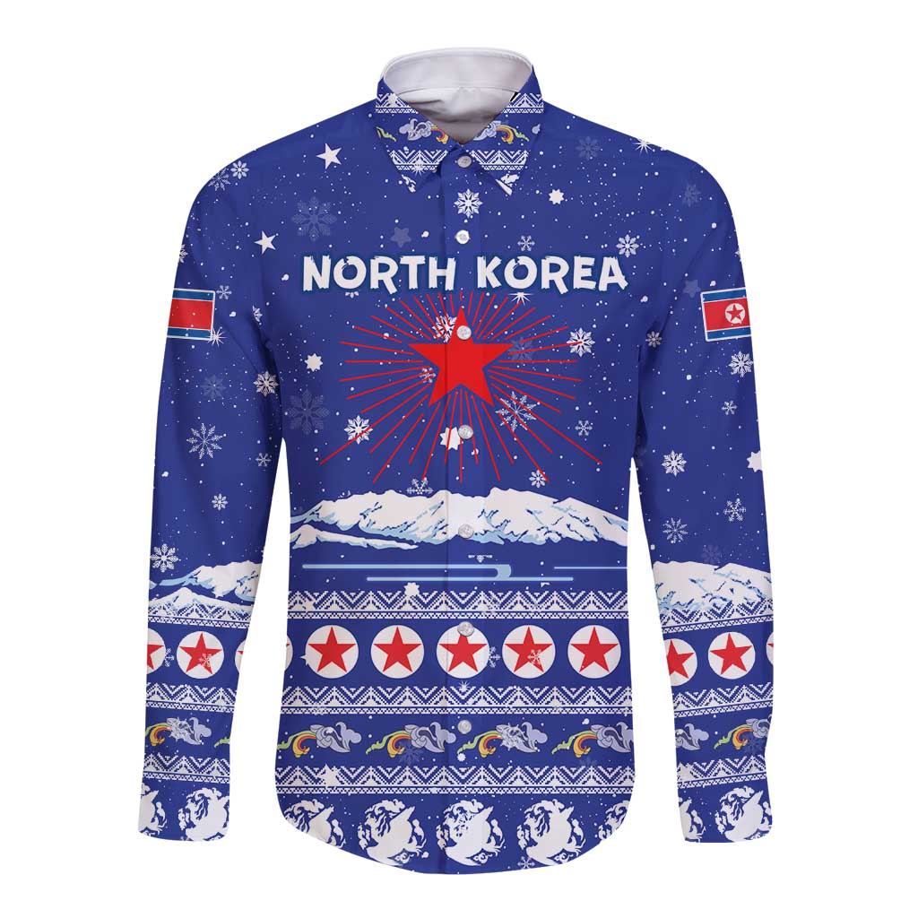 North Korea Christmas Long Sleeve Button Shirt with Blue Pattern, Red Star, and Snowy Mountain Motif - Wonder Print Shop
