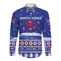 North Korea Christmas Long Sleeve Button Shirt with Blue Pattern, Red Star, and Snowy Mountain Motif - Wonder Print Shop