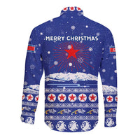 North Korea Christmas Long Sleeve Button Shirt with Blue Pattern, Red Star, and Snowy Mountain Motif - Wonder Print Shop