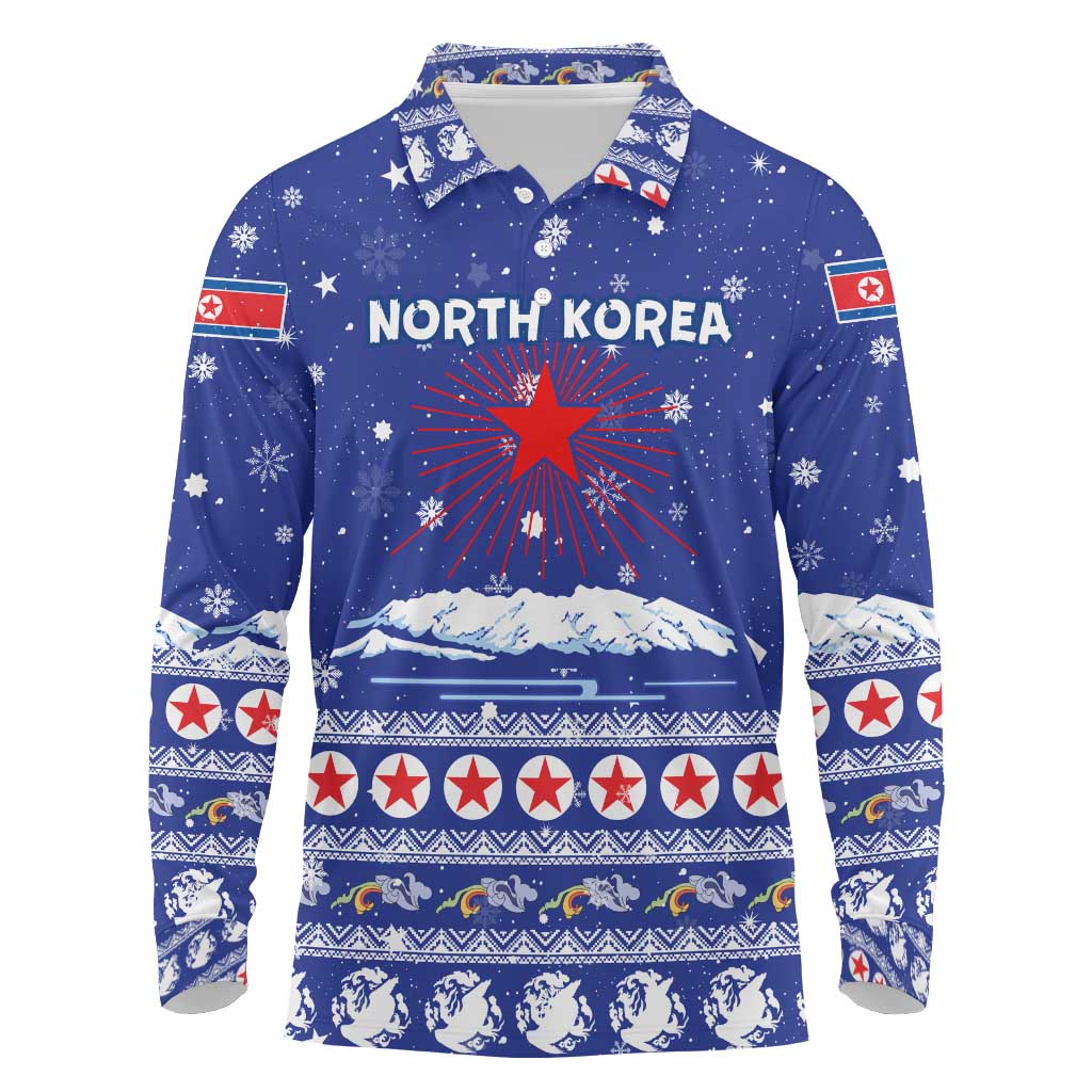 North Korea Christmas Long Sleeve Polo Shirt with Blue Pattern, Red Star, and Snowy Mountain Motif - Wonder Print Shop