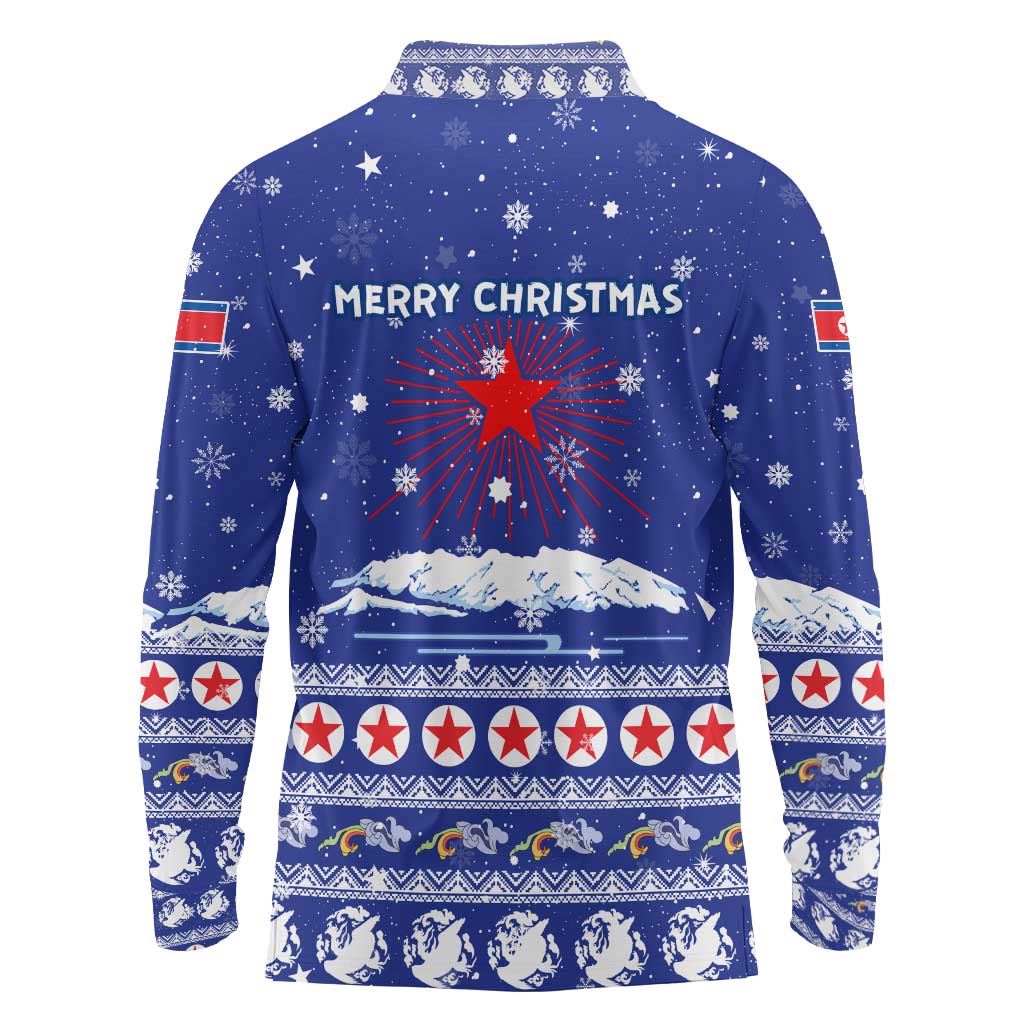 North Korea Christmas Long Sleeve Polo Shirt with Blue Pattern, Red Star, and Snowy Mountain Motif - Wonder Print Shop