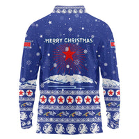 North Korea Christmas Long Sleeve Polo Shirt with Blue Pattern, Red Star, and Snowy Mountain Motif - Wonder Print Shop