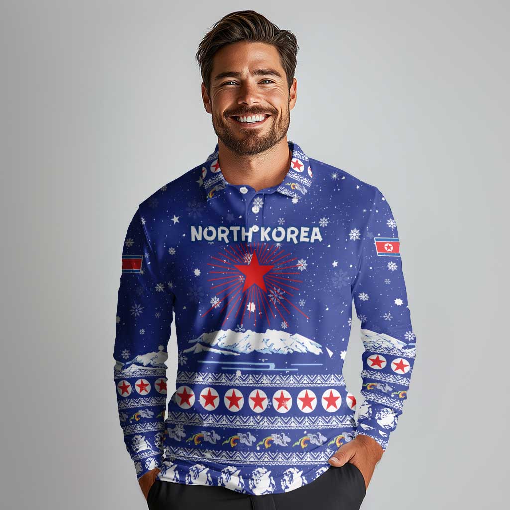 North Korea Christmas Long Sleeve Polo Shirt with Blue Pattern, Red Star, and Snowy Mountain Motif - Wonder Print Shop